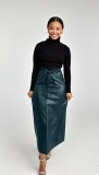 Black Mid-length PU Buckle Slit Leather Skirts Casual Leather Skirt with Belt