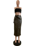 Black Mid-length PU Buckle Slit Leather Skirts Casual Leather Skirt with Belt