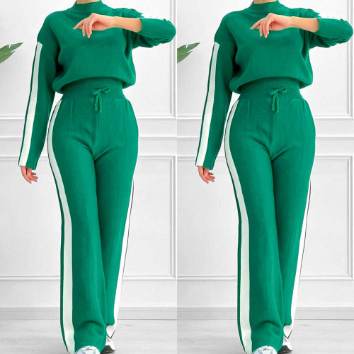 Green Casual Stripe Contrast Half A Turtleneck Long Sleeve Two Pieces
