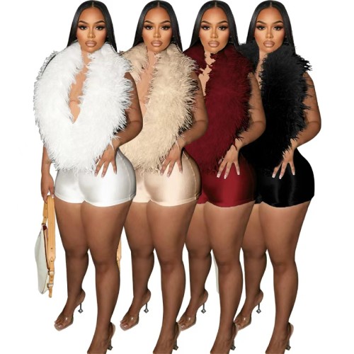 Elastic Satin Feather Deep V Halter Fashion Rompers