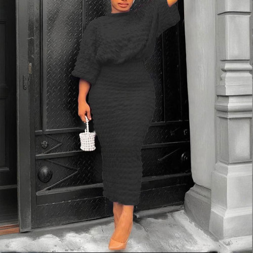 Plus Size Solid Color Bubble Cloth Batwing Sleeve Top and Skirt Two-Piece Set