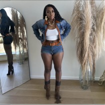 Retro Contrast Color Patchwork Long Sleeve Stretch Denim Two Piece Shorts Set Retro Contrast Color Patchwork Long Sleeve Stretch Denim Two Piece Shorts Set