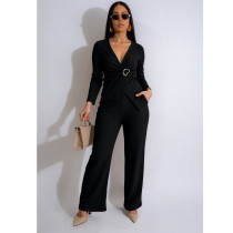 Elastic jacquard pleated V-neck waistband buckle, slimming and wide leg pants set Elastic jacquard pleated V-neck waistband buckle, slimming and wide leg pants set