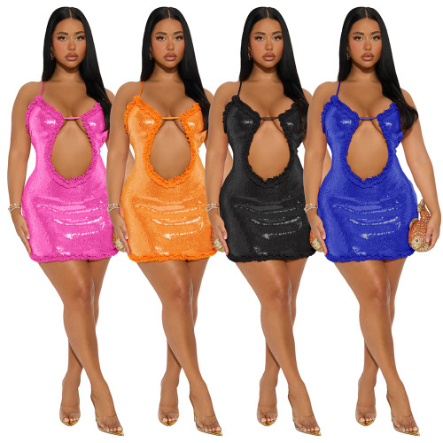 Strap sequin dress, hollow out sexy sequin short skirt, hip hugging skirt