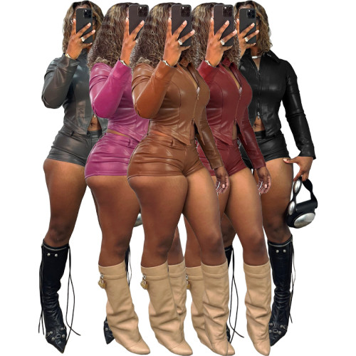 Leather Collar Two-Way Zipper Motorcycle Long Sleeve Top and Shorts Set