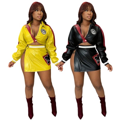 Spicy girl motorcycle PU leather printed jacket jacket+split skirt set