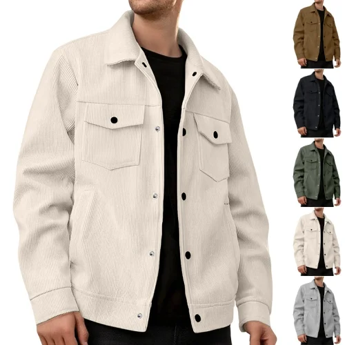 Corduroy single breasted casual sports trendy pocket jacket men's lapel long sleeved shirt jacket