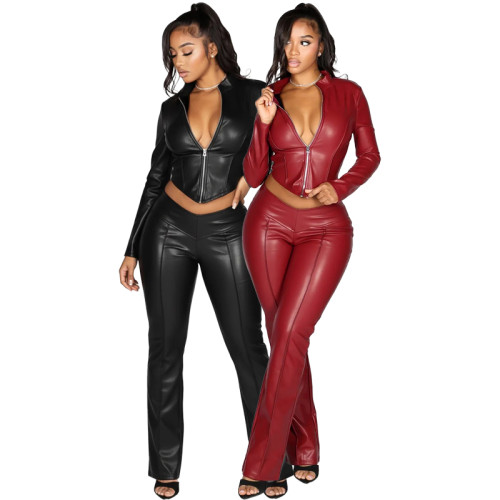 Slim Zippered Elastic Leather Jacket and Wide-Leg Pants Two-Piece Set