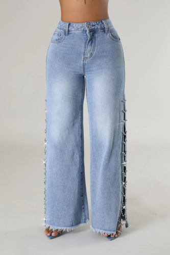 Side slit metal chain diamond decoration loose straight leg jeans