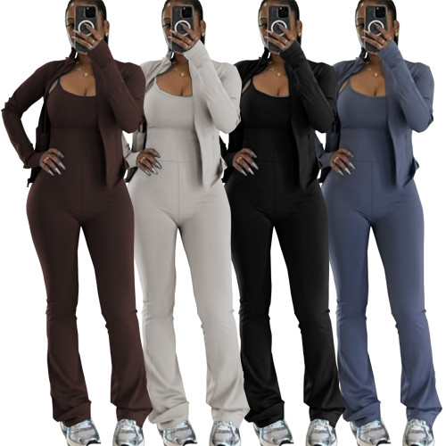 Cardigan zipper small stand up collar fashionable jacket sports jumpsuit wide leg pants sports suit