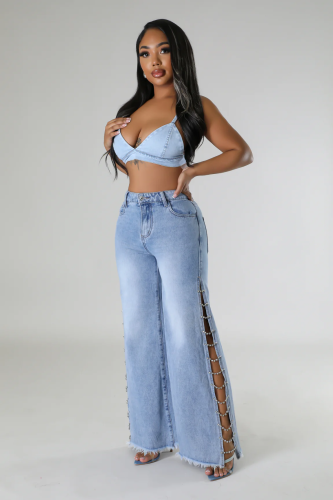 Side slit metal chain diamond decoration loose straight leg jeans