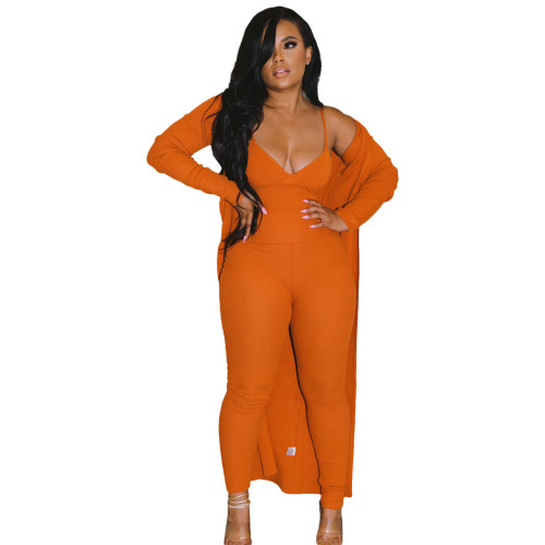 Autumn/winter Casual Ribbed Jumpsuit + Long Sleeve Coat