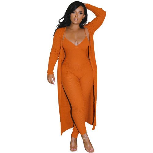 Autumn/winter Casual Ribbed Jumpsuit + Long Sleeve Coat