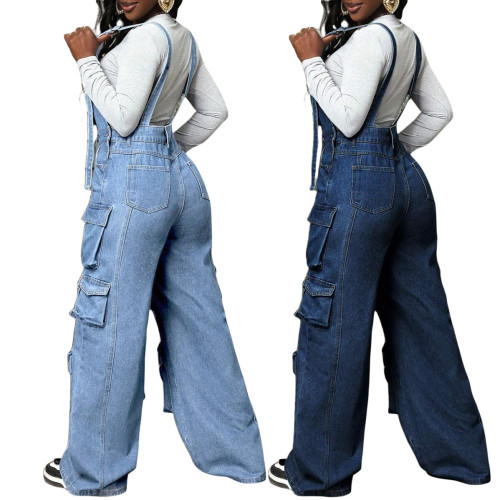Versatile wide leg denim loose overalls denim jumpsuit jumpsuit work pants