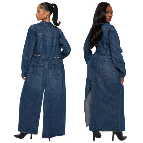 Women's Denim Long Sleeve Pocket Blazer Vest Jacket Flare Coat
