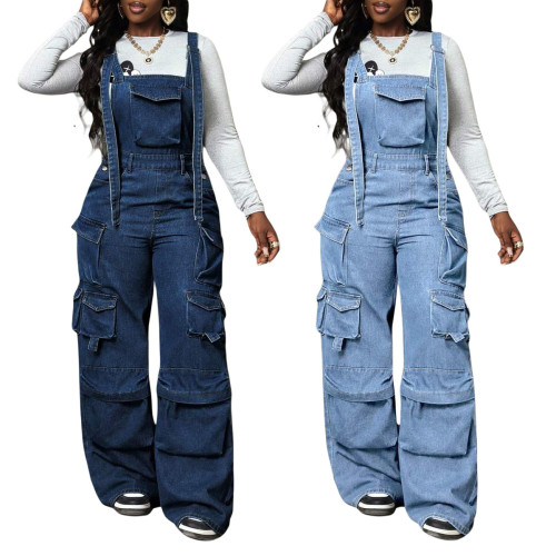 Versatile wide leg denim loose overalls denim jumpsuit jumpsuit work pants