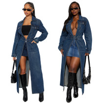 Women's Denim Long Sleeve Pocket Blazer Vest Jacket Flare Coat
