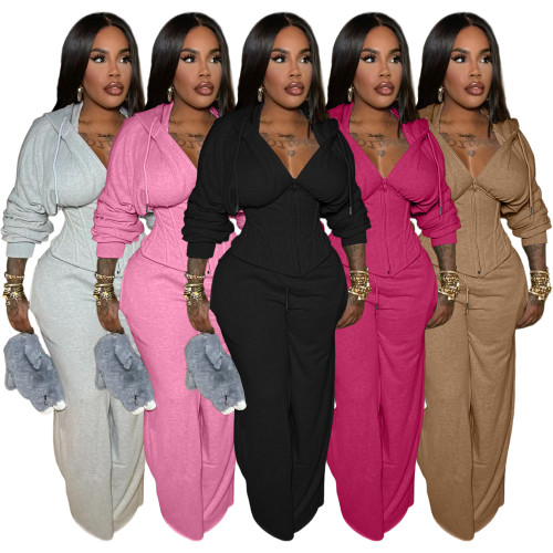 Fashion women's personalized strap waist cinching casual two-piece pants set