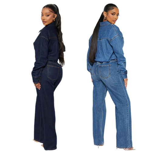 Slim fit elastic loose washable long sleeved denim jumpsuit