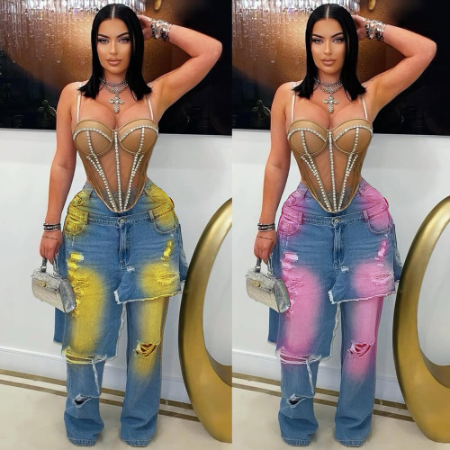 Wash, cut, spray color, loose elastic denim splicing, fake two-piece pants