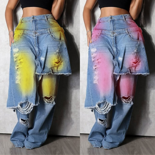 Wash, cut, spray color, loose elastic denim splicing, fake two-piece pants