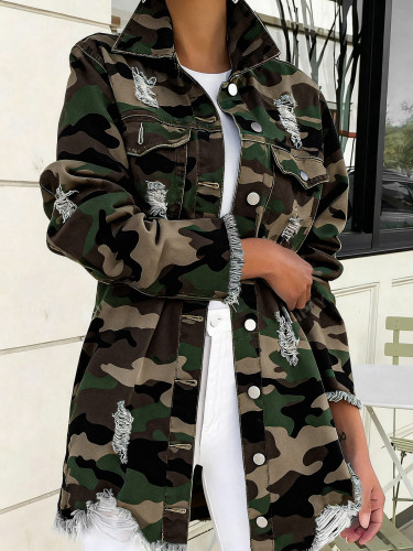 Cardigan collar button street versatile camouflage cut fringe wash jacket