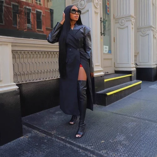 Cardigan lapel double row button pocket PU splicing long jacket (with lining)