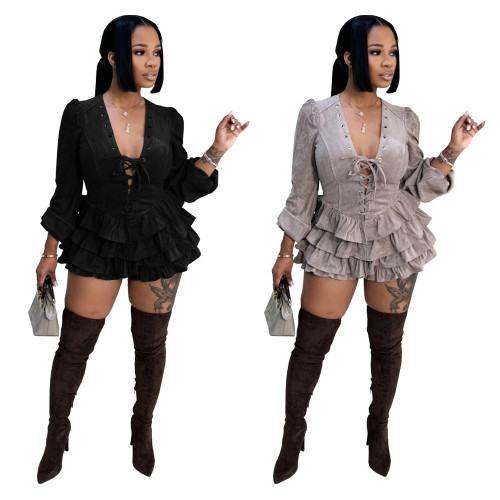 European and American fashionable women's dress with fresh temperament, lace up ruffle edge dress