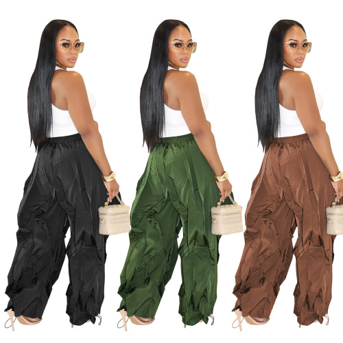 Casual solid color loose pleated wide leg pants
