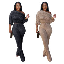 Casual slanted shoulder long sleeved top and pants two-piece set Casual slanted shoulder long sleeved top and pants two-piece set