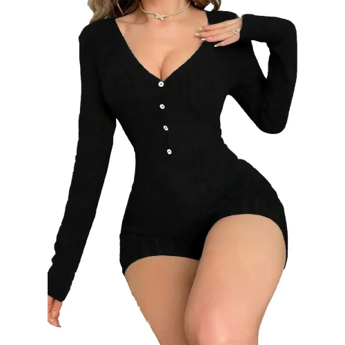 Casual V-neck Tie Knit Long Sleeve Bodycon Bodysuit