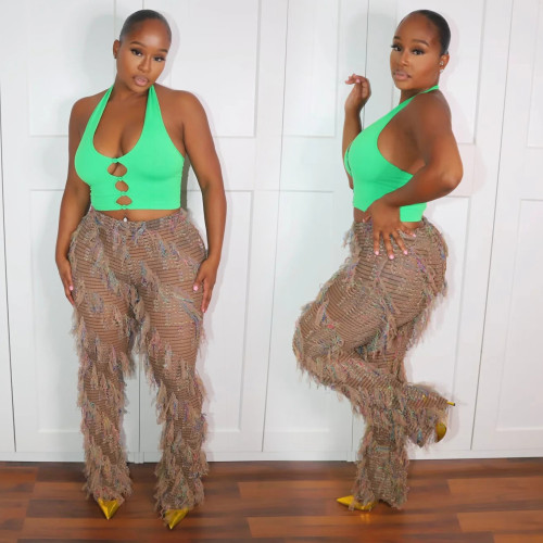 Tassel mesh semi transparent sexy fashion new slim straight leg pants