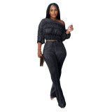 Casual slanted shoulder long sleeved top and pants two-piece set