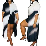 Loose casual button slit hem printed shirt dress