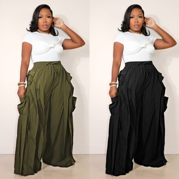 Lotus leaf edge solid color sexy casual wide leg fashionable pants