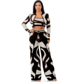 Dermont Printed Jacket, Vest, Wide-Leg Pants Set Two-Piece 4-Pocket