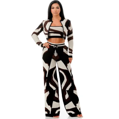 Dermont Printed Jacket, Vest, Wide-Leg Pants Set Two-Piece 4-Pocket