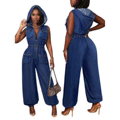 Fashionable denim overalls with hooded style and workwear pants