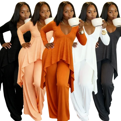 Casual long sleeved V-neck groove strip irregular two-piece set