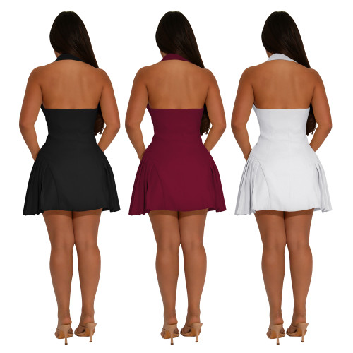 European and American fashion women's sexy V-neck hanging neck backless dress short skirt