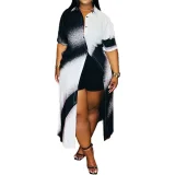 Loose casual button slit hem printed shirt dress