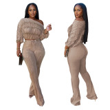 Casual slanted shoulder long sleeved top and pants two-piece set