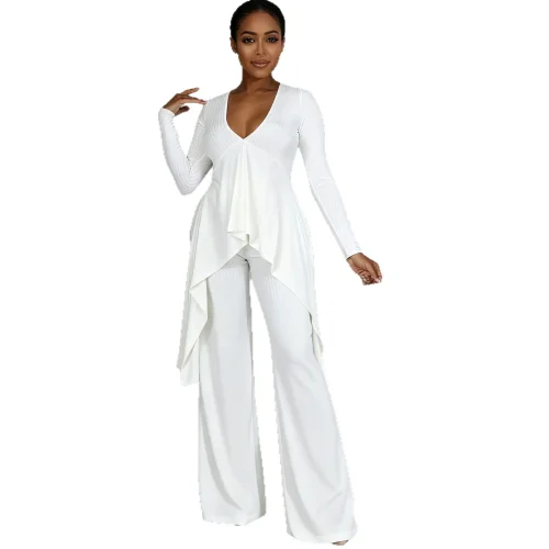 Casual long sleeved V-neck groove strip irregular two-piece set