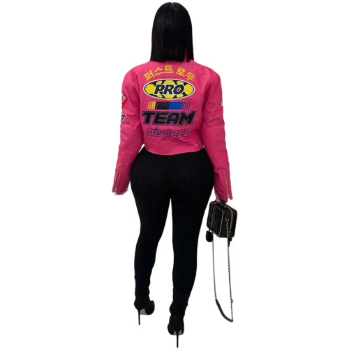 Fashionable PU Leather Print Moto Jacket for Women