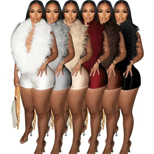 Elastic Satin Feather Deep V Halter Fashion Rompers