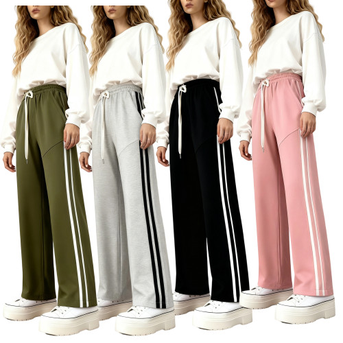 Sanitary pants, spring and autumn heavyweight pure cotton 500g fabric pants, Hong Kong style loose straight leg side striped casual pants