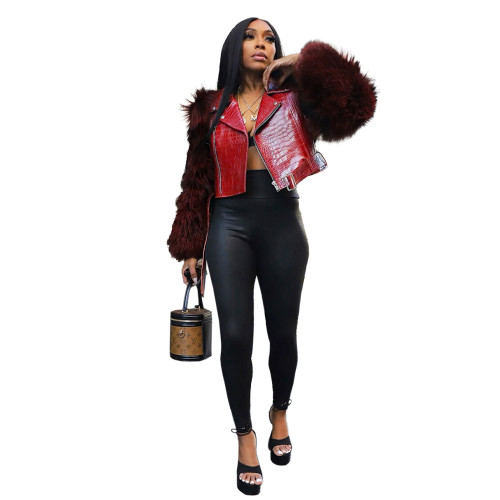 European and American style spliced fur motorcycle jacket women's autumn and winter short imitation leather jacket fashionable street warm top