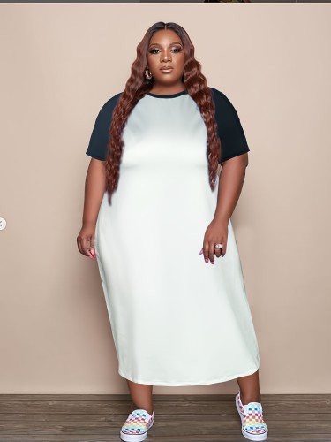 Large size dress with casual and fashionable round neck and raglan sleeves, long skirt