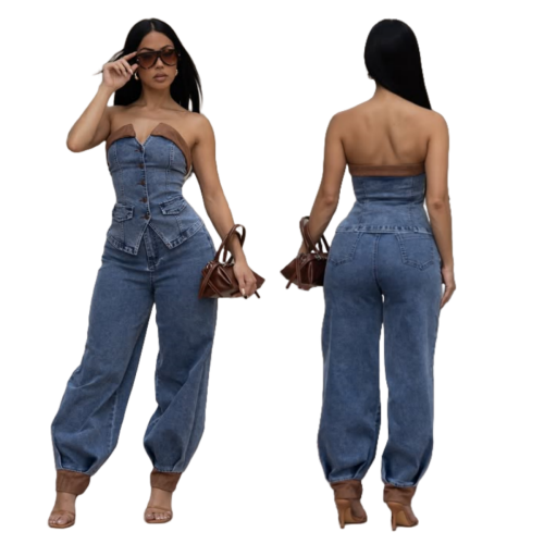 Strapless denim stretch pants casual set