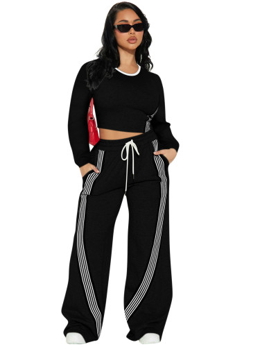 Fashion casual long sleeved top and side striped sports style pants two-piece set